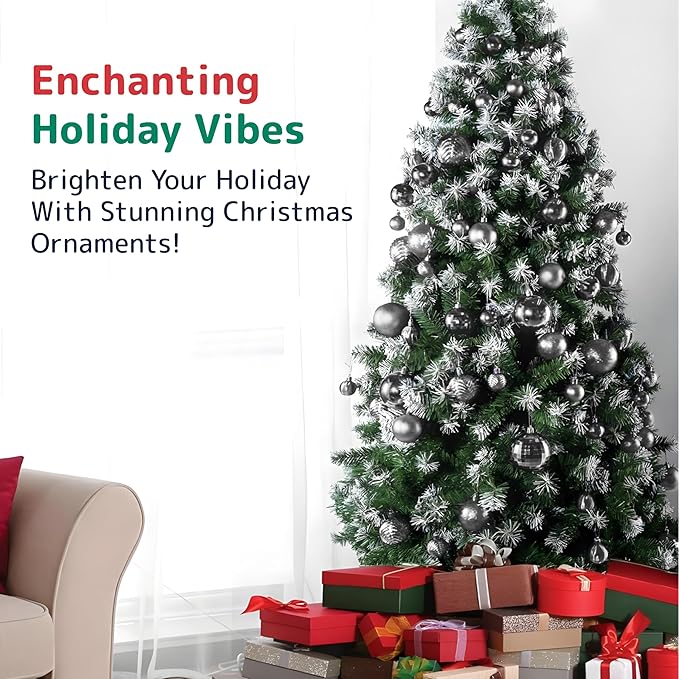 Prextex 36pc Shatterproof Silver Christmas Balls Ornament Set - Festive Christmas Tree Ornaments in 3 Different Sizes and 6 Styles - Holiday Decoration with Hanging Loops for Tree, Wreath, Party Decor