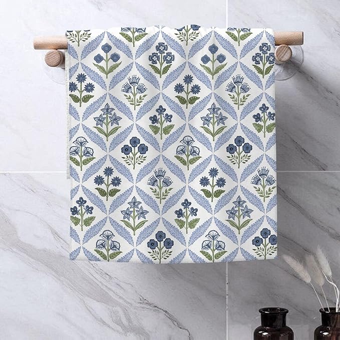 Navy Blue Green Boho Kitchen Towels 16x24 Inch Vintage Flowers Decor Dish Towels Spring Floral Summer Seasonal Decoration Hand Towels Absorbent Dish Cloths for Home Kitchen Dining Set of 2