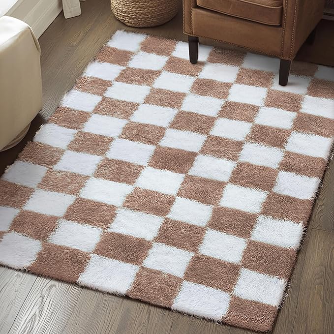 Checkered Rug 4x6 for Living Room, Beige and White Modern Shag Rug Super Soft Washable Fluffy Rugs Indoor Fuzzy Carpet for Bedroom Home Dorm Aesthetic Decor