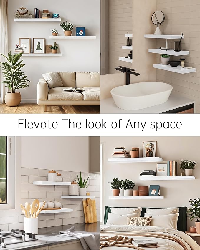 BAYKA White Floating Shelves for Wall, 22.5 inches Wall Mounted Rustic Wood Shelves for Bathroom, Bedroom, Living Room, Floating Shelves for Books/Storage/Decor (Set of 3)