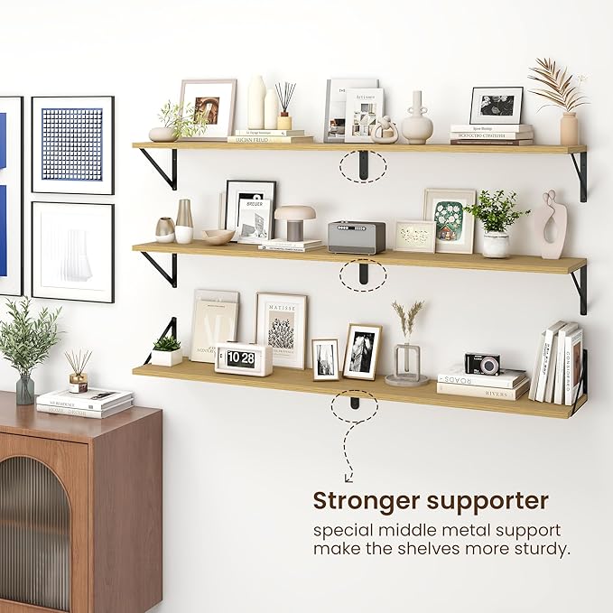 Fun Memories Deep Floating Shelves for Wall, 55W x 8D Wall Mounted Shelves Set of 2, Wide Display Ledge Shelf with Sturdy Metal Brackets for Living Room, Bathroom, Bedroom and Kitchen, Oak