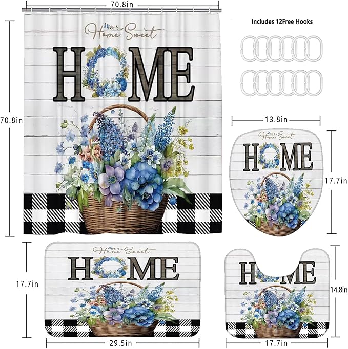 FZDHHY Blue Flower Shower Curtain Set Home Sweet Home Bathroom Sets Rustic Shower Curtain with Rugs,Bathroom Shower Curtain Set with Carpet Bath Mat Toilet Rugs