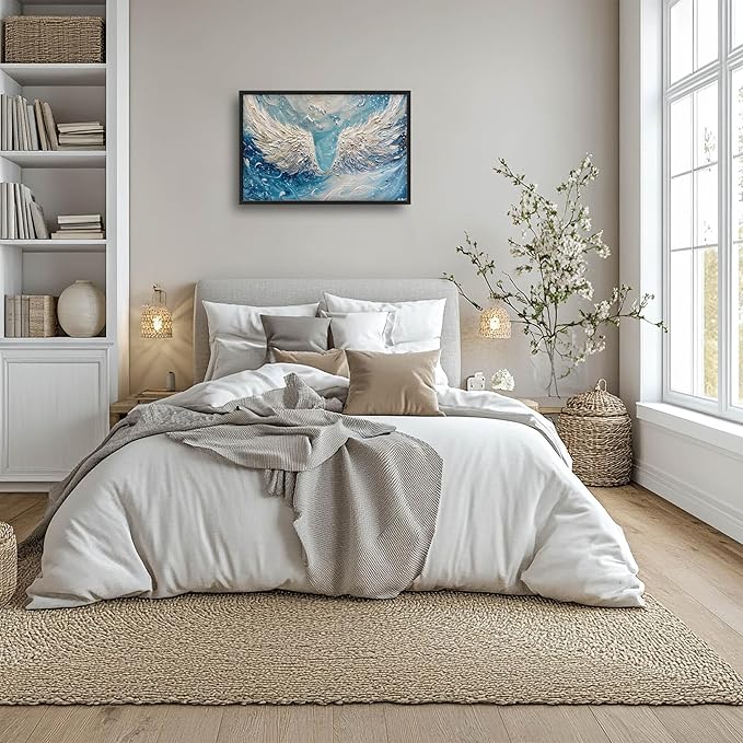 Angel Wings Large Wall Art for Living Room Framed, Christian Wall Decor Pictures, White Wings Canvas Print Painting, Aesthetic Artwork Bedroom Office Home Decor 36"x24"