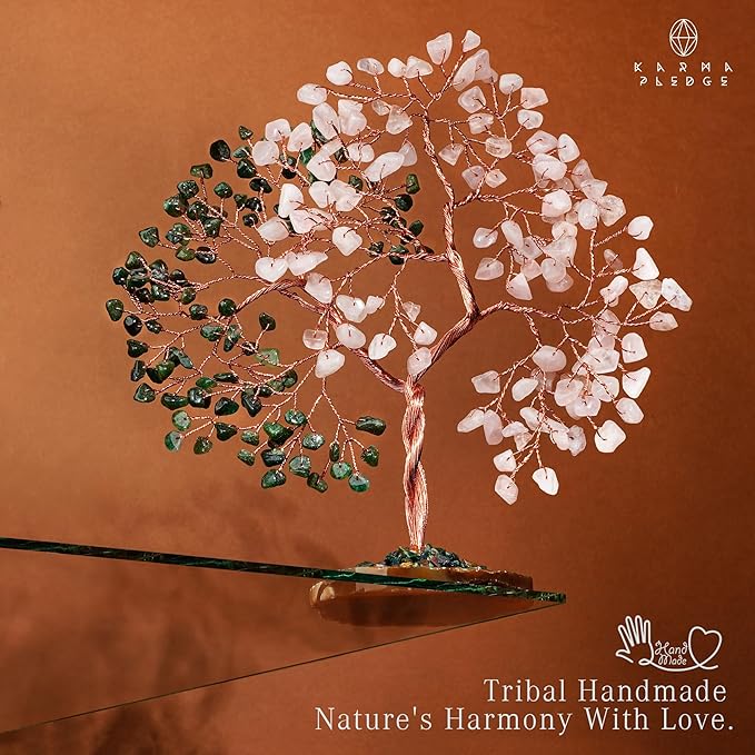 Crystal Tree for Women Office Decor, Handmade Green Aventurine & Rose Quartz Healing Stones Tree of Life for Positive Energy, Money, Good Luck, Feng Shui Home Decor, Spiritual Gifts for Women