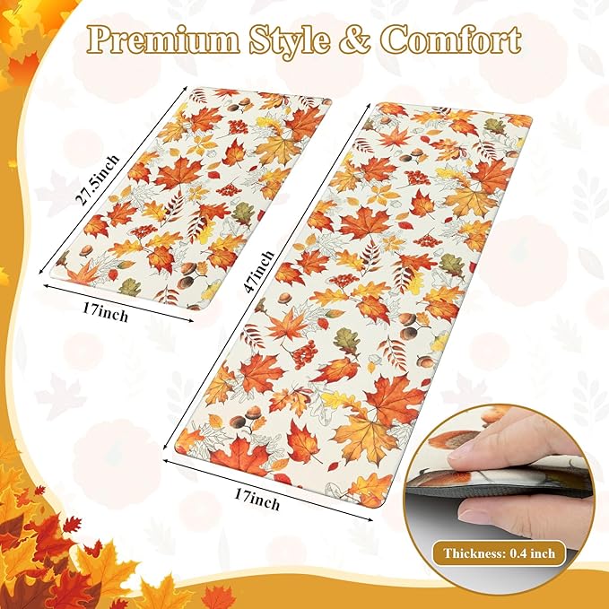 SHACOS Fall Anti Fatigue Kitchen Mats 2 Pcs Orange Maple Leaves Acorn Nuts Autumn Non Slip Cushioned Floor Mat for Kitchen Ergonomic Standing Mats Home Decor, 17x27.5+17x47, Maple & Acorn