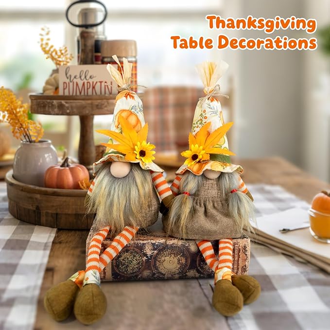 Thanksgiving Decorations – 2PCS Fall Gnomes Plush Shelf Sitters with Dangling Legs, Harvest Gnome Couple for Table Decor, Tiered Tray, Farmhouse Gnomes Gifts for Women