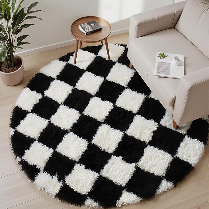 Checkered Rug 4x4 for Living Room, Black and White Modern Shag Super Soft Washable Fluffy Rugs Indoor Fuzzy Carpet for Bedroom Home Dorm Aesthetic Decor
