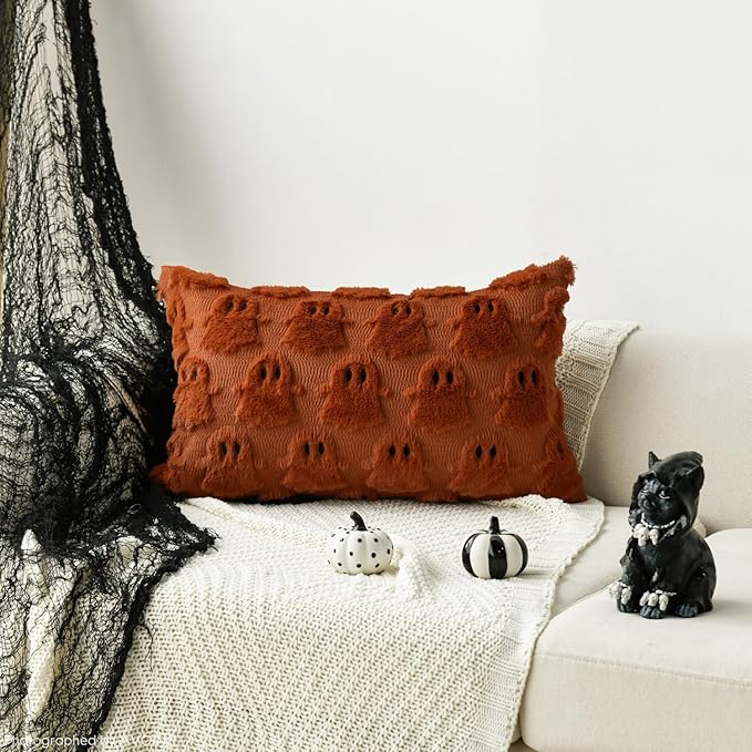 AVOIN colorlife Halloween Ghost Caramel Throw Pillow Cover Set of 2, 12 x 20 Inch Soft Plush Faux Fur Jacquard Spooky Cushion Case Decoration for Sofa Couch