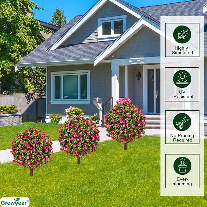 Artificial Red Rose Topiary Ball Trees with Ground Spike Set of 2, Faux Boxwoods for Outdoor Planters, UV Resistant Artificial Outdoor Plants for Porch, Fake Bushes Round Shrub