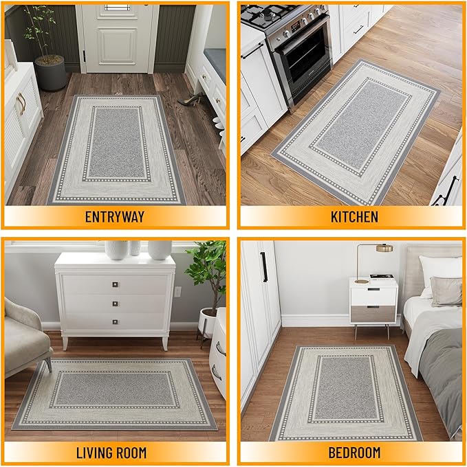 Ottomanson 3'3" x 5' Rugs for Living Room Border Area Rug for Bedroom - Non Slip Durable Large Floor Carpet for High Traffic Areas - Indoor Rug for Dining Room Kitchen Kids Playroom, Light Gray