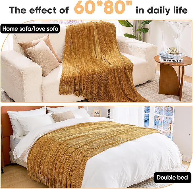 inhand Knitted Brown Throw Blanket for Couch Bed,Fall Home Decorative Soft Chunky Chenille Woven Blankets with Tassels,Lightweight Cozy Boho Farmhouse Warm Winter Gifts for Women,60"x80",Extra Thick