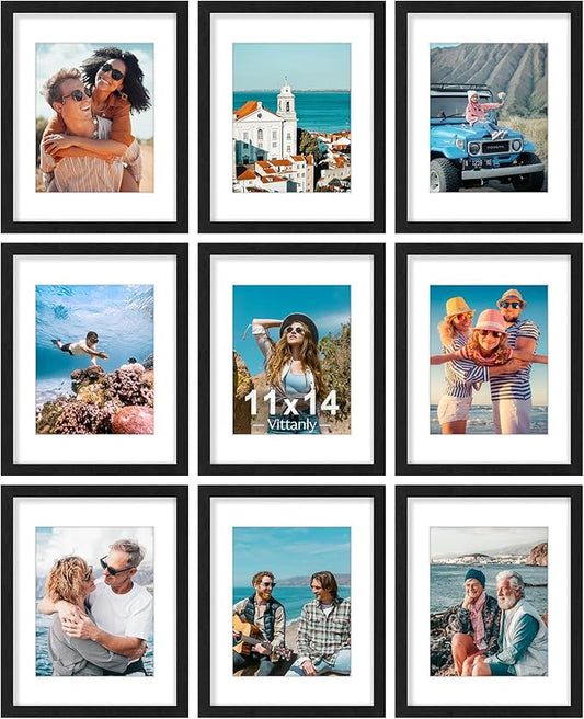 Vittanly 11x14 Picture Frames Set of 9, Shatter Resistant Plexiglass, Display 8x10 Pictures with Mat or 11x14 without Mat, Photo Frames for Wall or Tabletop, Engineered Wood, Black
