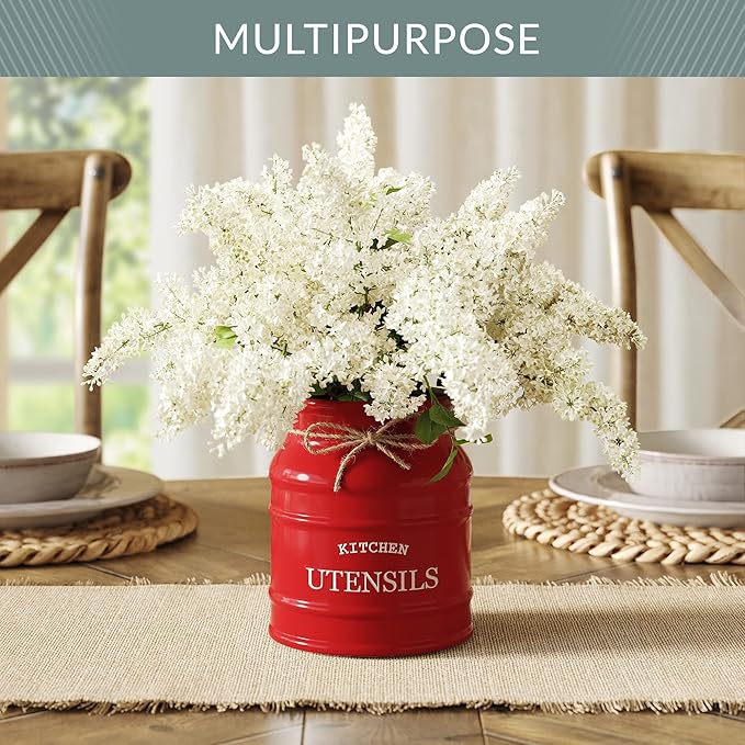 Barnyard Designs Ceramic Farmhouse Utensil Holder for Kitchen Counter, Large Rustic Utensil Crock, Countertop Cooking Tool Spatula Organizer, 6.75” (Red)