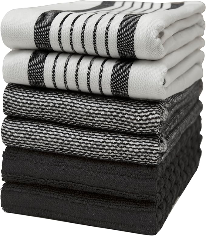 Premium Kitchen Towels 20”x 28”- 6 Pack | Large Cotton Kitchen Towels | Hand Towels for Kitchen | Flat & Terry Towel | Dish Towels | Highly Absorbent Tea Towel with Hanging Loop | Black Striped