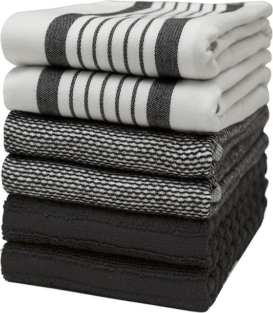 Premium Kitchen Towels 20”x 28”- 6 Pack | Large Cotton Kitchen Towels | Hand Towels for Kitchen | Flat & Terry Towel | Dish Towels | Highly Absorbent Tea Towel with Hanging Loop | Black Striped