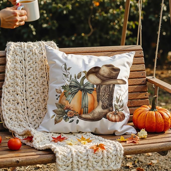 Boho Fall Western Pillow Covers 18x18, Western Fall Decor, Coquette Bow Autumn Pumpkin Country Cowgirl Boot Hat Decorative Throw Pillow Covers for Girls Room Home Bedroom Living Room