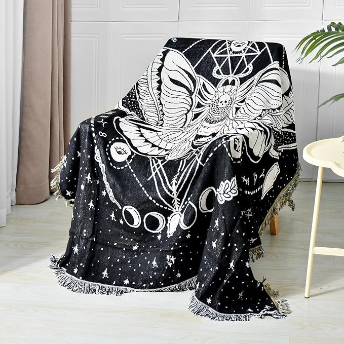 Boho Throw Blanket Reversible Cotton Bohemian Tapestry Hippie Room Decor Double Sided (Month Moth Black 50"x60")