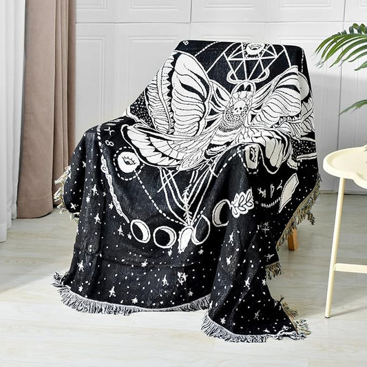 Boho Throw Blanket Reversible Cotton Bohemian Tapestry Hippie Room Decor Double Sided (Month Moth Black 50"x60")