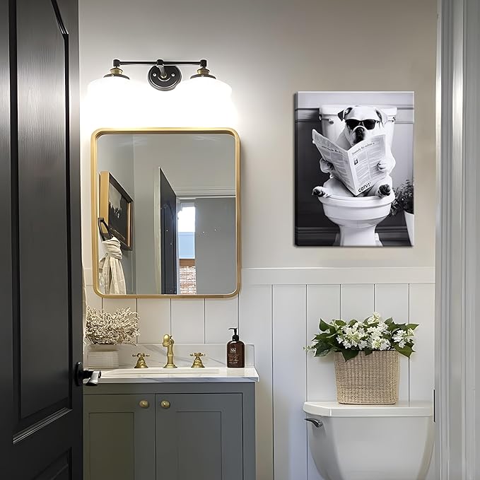 Funny Bathroom Picture Wall Decor - Dog Reading Newspaper on Toilet Canvas Wall Art, Framed Black and White Toilet Bathroom Poster Prints, Cute Animal Art Home Decor 12x16 inch