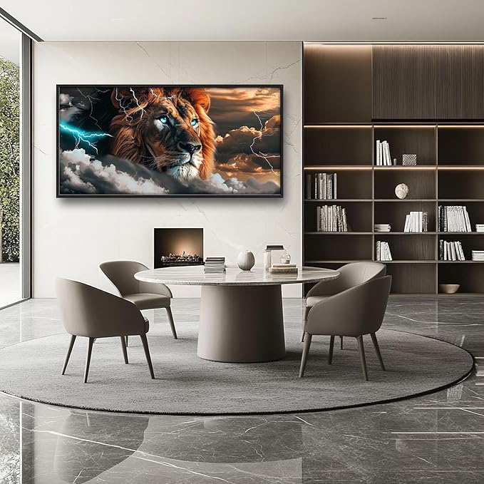 Abstract Lion Large Framed Wall Art Cool Lion Lightning Pictures Oversized Rustic Wild Animal Wall Decor Canvas Print Painting Aesthetic Modern Artwork for Living Room Bedroom Office Bathroom Home Decor 60L"x30W"