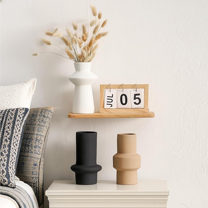 Modern Ceramic Vase Set of 3, 8 inch Simple Geometric Lines Vase for Pampas Grass Dried Fresh Flowers, Home Decor, Bedroom, Living Room, Bookshelf Decoration, Neutral Minimalist Nordic Style
