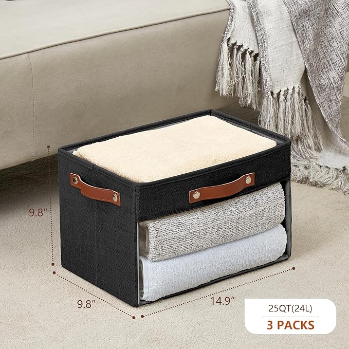 Large Storage Baskets with Clear Window, See Through Closet Organizer with PU Handles, Linen Foldable Storage Bins for Organizing Clothes, Toys, Books (Black)