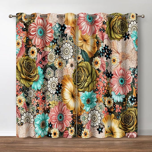 Jekeno Boho Floral Blackout Curtains Colorful Flowers Bohemian Decor for Bedroom Living Room Grommet Window Drapes 2 Panel Set, 52"x84"