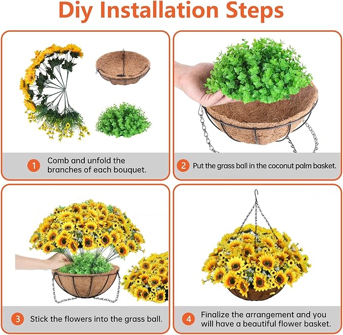 Artificial Hanging Flowers Basket, Fake Plants, Faux Silk Sunflower, for Spring Summer Outdoor Decoration, UV Resistant, Coconut Planter, Look Real for Patio Garden Yard Decor