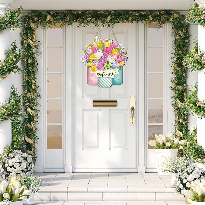 Spiareal Flower Welcome Sign Spring Front Door Decor Wood Hanging Door Outdoor Sign Spring Summer Welcome Pink Flower Wreaths Decorations for Farmhouse Floral Porch (Bright Style)