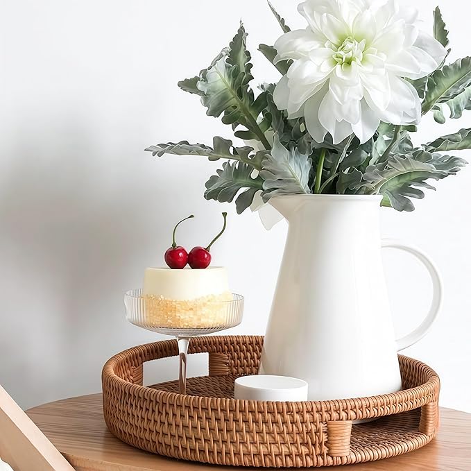 14.2" Round Rattan Tray, Hand Woven Serving Tray with Handles, Wicker Serving Basket, Decorative Tray for Home Decor, Natural