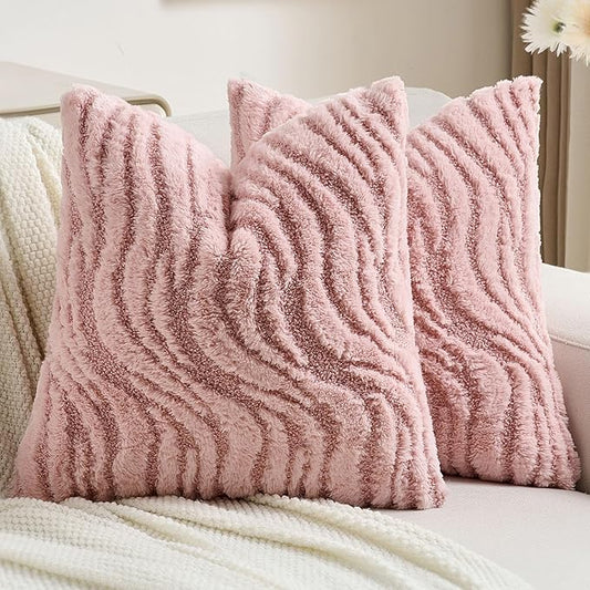 FUTEI Pink Decorative Throw Pillow Covers 16x16 Inch Set of 2,Soft Faux Fur Geometric Shapes Texture Cushion Case,Boho Home Decor for Couch Bed Living Room