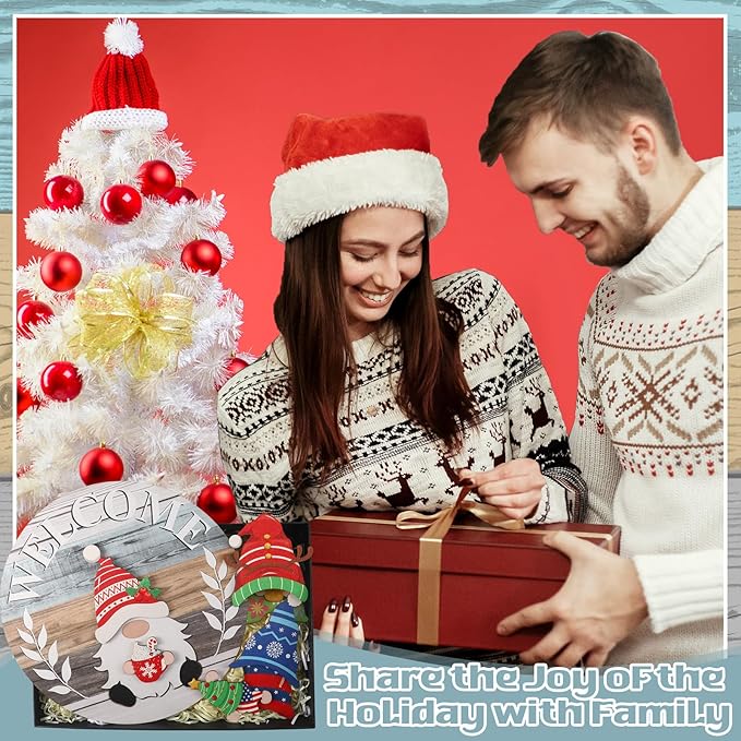 Qunclay Interchangeable Wooden Gnome Decor Holiday Seasonal Gnome Decorations with Magnet Pieces and Detachable Hats Changeable Welcome Sign for Home(Cute Style)