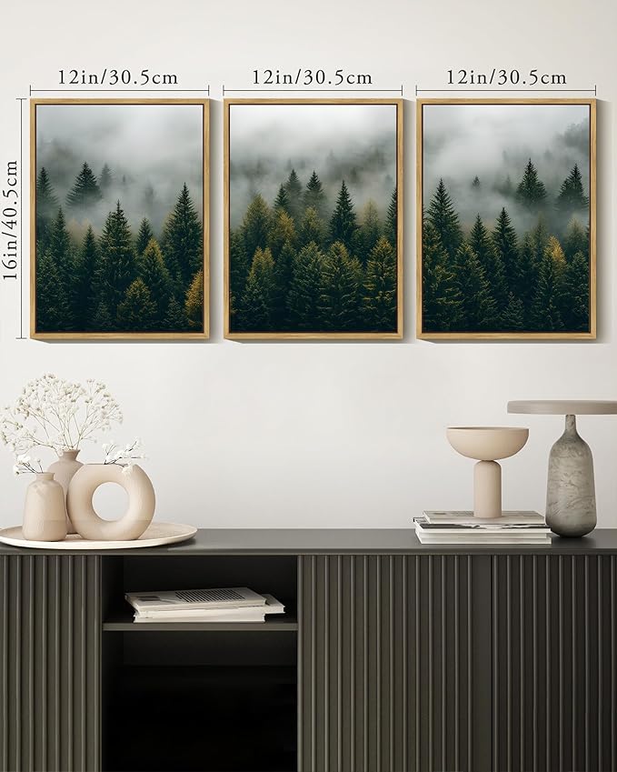 KUVIOKE Green Fog Pine Tree Landscape Framed Wall Art Nature Nordic Misty Forests Prints Morden Farmhouse Bedroom Living Room Ready to Hang 12x16in (Natural Framed)