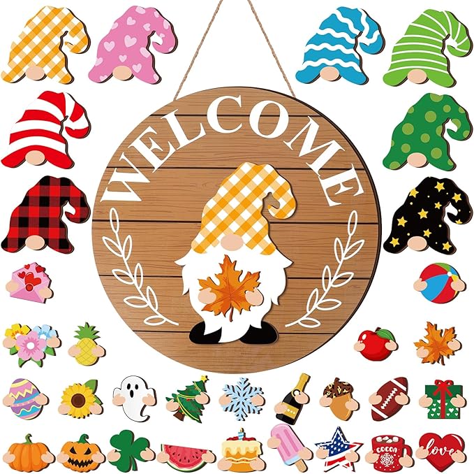 Qunclay Interchangeable Wooden Gnome Decor Holiday Seasonal Gnome Decorations with Magnet Pieces and Detachable Hats Changeable Welcome Sign for Home(Simple Style)