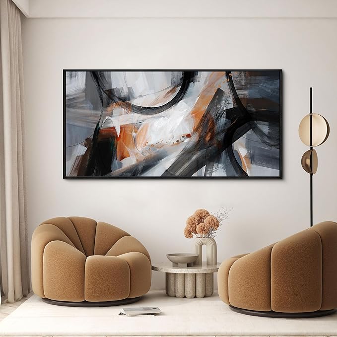 KLAKLA Wall Art for Living Room - Black and Orange Boho Abstract Canvas Framed Wall Decor Office Bedroom Art Modern Large Picture Artwork for Walls Prints Paintings Artwork 48x24 Inches