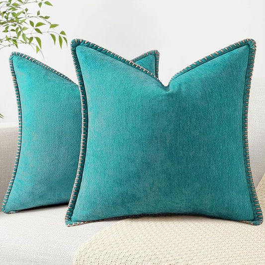 decorUhome Chenille Soft Throw Pillow Covers 26x26 Set of 2, Farmhouse Velvet Neutral Decorative Euro Pillow Covers with Stitched Edge for Couch Sofa Bed Home Decor, Turquoise