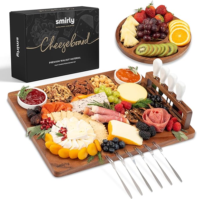 SMIRLY Charcuterie Boards Set, Large Cheese Board Set, Natural Walnut Wood Charcuterie Tray with Accessories - Housewarming Gifts New Home, Wedding & Bridal Shower Gifts for Women, Couples