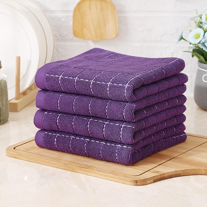 Homaxy 100% Cotton Terry Kitchen Towels(Purple, 13 x 28 inches), Checkered Designed, Soft and Super Absorbent Dish Towels, 4 Pack