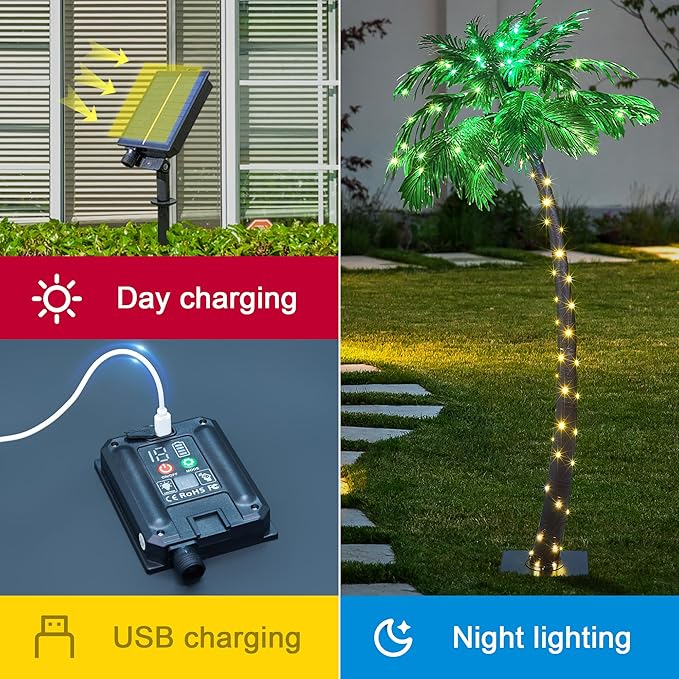 Lightshare 7FT Gorgeous Solar Palm Tree Artificial Tree, 96LED Lights, Decoration for Office, Home, Party, Christmas, Nativity, Outdoor Patio