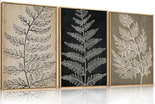 KAIRNE Botanical Fern Leaf Framed Wall Art set, Rustic Farmhouse Plant Wall Decor, Minimalist Black Tan Fern Leaf Wall Painting, Boho Modern Artwork for Living room, Bedroom, Farmhouse, 24"x36"x3