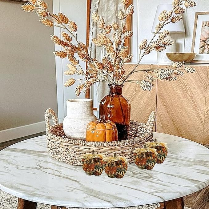 Nature Vibe 4.3 Inches Colorful Feathered Pumpkin Decor Set of 4 for Thanksgiving Decorations, Natural Feather Pumpkins as Fall Home Decor,Centerpieces for Tables or Autumn Harvest Gifts
