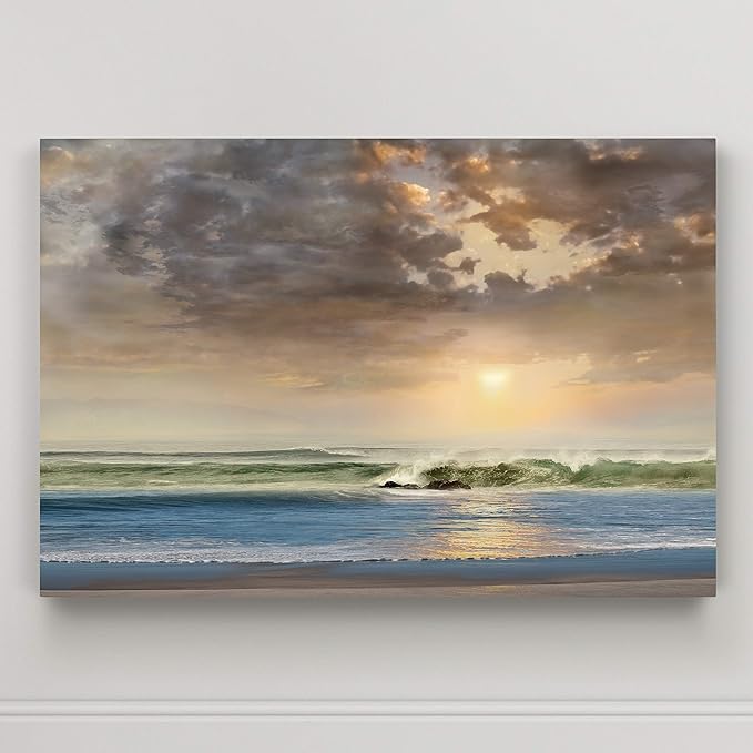 Renditions Gallery Canvas Beach Art Paintings Cloudy Sky Sunrise above Ocean Nature Hanging Artwork for Bedroom Office Kitchen Decor - 24"X36" LT08