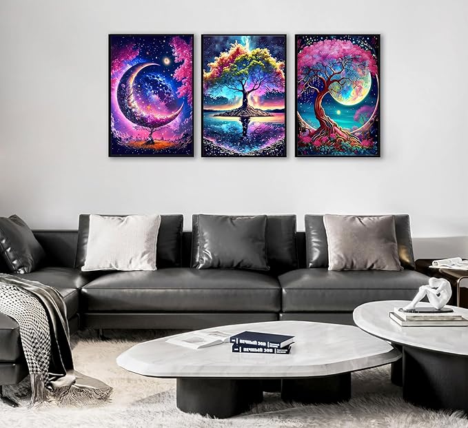EVPYXFUT 3PCS Tree of Life Wall Art Moon Canvas Poster Romantic Starry Night Pictures Fantasy Forest Paintings Tree Life Prints Visual Modern Abstract Wall Decor for Living Room Bedroom Unframed