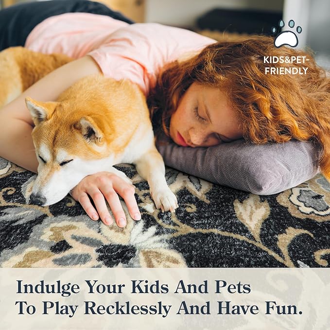 Lahome Floral Washable Runner Rug - 2x6 Runners for Hallways Non-Slip Low-Pile Kitchen Rug, Black Paisley Print Carpet for Laundry Bedroom Entryway （(2’X 6’, Blacak)