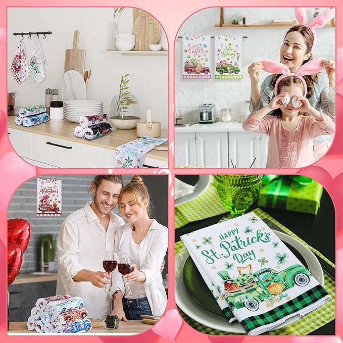 12 Pcs Seasonal Kitchen Towels Set for All Holidays Hand Dish Tea Towels Fall Halloween Christmas Cute Drying Dishcloths Decorative Absorbent Wash Cloths(Truck Style)