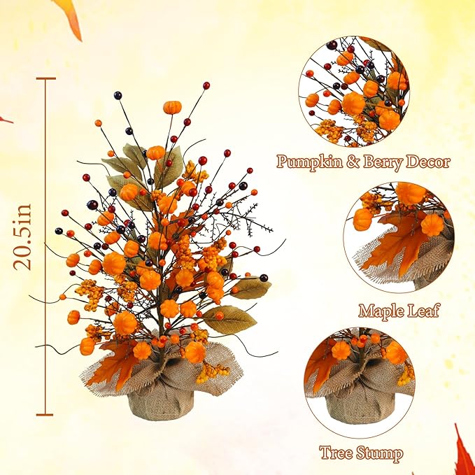 2 Pcs Fall Table Centerpieces Tree, Faux Fall Tree Artificial Fall Tabletop Tree Pumpkin and Maple Leaf Berry with Burlap Base Fall Decorations for Autumn Thanksgiving Party Home Office