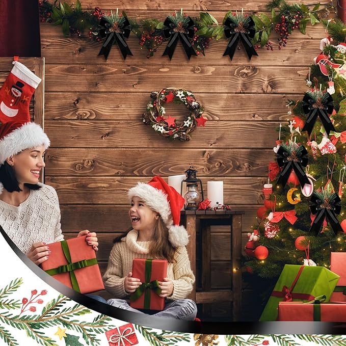 Syhood 6 Pcs Christmas Bows with Pine Cones Pine Needles Black Xmas Velvet Bows Elegant Ribbon Christmas Tree Wreath Decoration for Xmas Parties Indoor Outdoor Crafts DIY Decor