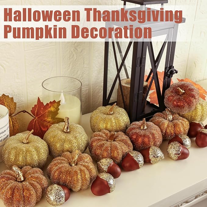 Glitter Mini Pumpkin Decor Indoor 22PCS Halloween Pumpkins for Fall Decorations for Home Fall Centerpieces for Tables Outdoor Harvest Thanksgiving Party/Acorns Autumn Fillers Decor