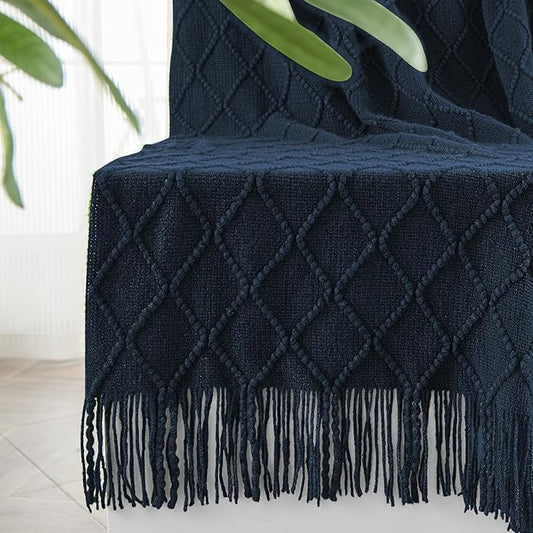 inhand Knitted Throw Blankets for Couch and Bed, Soft Cozy Knit Blanket with Tassel, Dark Blue Lightweight Decorative Blankets and Throws, Farmhouse Warm Woven Blanket for Men and Women, 60"x80"
