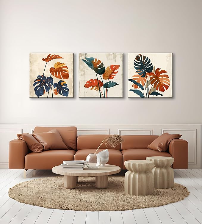 NAN Wind 3Pcs Modern Mid-century Abstract Tropical Monstera Leaf Canvas Art Orange and Blue Botanical Wall Print Minimalist Wall Decor Tropical Leaves Framed Wall Art for Contemporary Home Decor